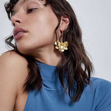 T-ztoss Bohemian Gold Elegant Flower Fashion Dangle Earring Flower Earrings Unique Chic 3D Large Flo...