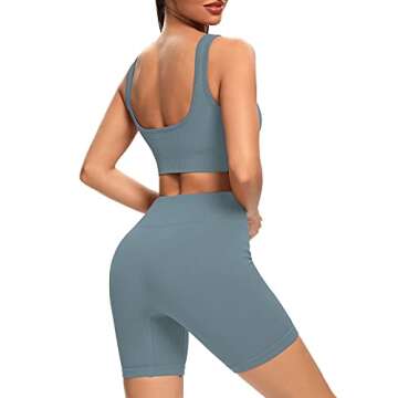 Buscando Yoga Outfits Workout Sets for Women 2 Piece Shorts Ribbed Seamless Crop Tank High Waist Yoga Leggings Sets (Blue, Medium)