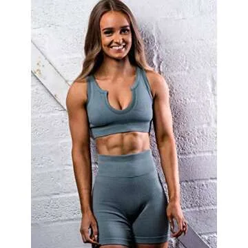 Buscando Yoga Outfits Workout Sets for Women 2 Piece Shorts Ribbed Seamless Crop Tank High Waist Yoga Leggings Sets (Blue, Medium)