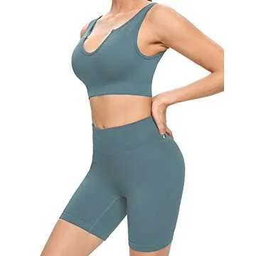 Buscando Yoga Outfits Workout Sets for Women 2 Piece Shorts Ribbed Seamless Crop Tank High Waist Yoga Leggings Sets (Blue, Medium)
