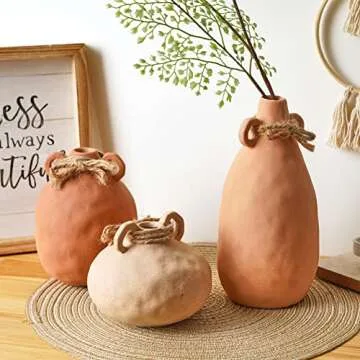 TERESA'S COLLECTIONS Terracotta Vases for Home Decor, Boho Ceramic Vase for Pampas Grass, Rustic Farmhouse Decor, Fall Table Decor, Shelf, Mantel, Fireplace, Set of 3, 9 inch (Beige/Orange)