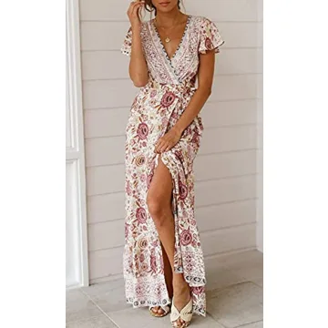ZESICA Women's Floral Wrap Maxi Dress for Summer Style