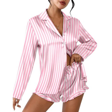 Ekouaer Womens Satin Pajama Sets Long Sleeve Top and Shorts Lounge Set Button Down Sleepwear Striped...
