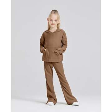 Handfrog Girls Fashion Clothes 2 Pcs Clothing Sets Hoodie Long Sleeve Shirts Bell Bottom 2025 Spring Outfits Brown Size 5-6