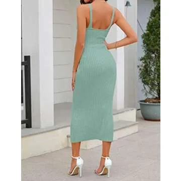 MEROKEETY Womens 2025 Summer Spring V Neck Knit Midi Dress Bodycon Casual Sleeveless Ribbed Sweater Dresses,Sage,S