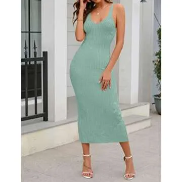 MEROKEETY Womens 2025 Summer Spring V Neck Knit Midi Dress Bodycon Casual Sleeveless Ribbed Sweater Dresses,Sage,S