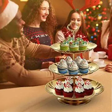 Two Set of Three Tier Cake Stand and Fruit Plate by Imillet -Stainless Steel Stand of Golden for Cakes Desserts Fruits Dried Fruit Candy Buffet Stand for Wedding &Home&Party Serving Platter (2 pack)