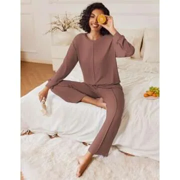 Ekouaer Pajama Sets for Women 2 Piece Lounge Sets Long Sleeve Sleepwear Top and Pants Cozy Pjs Loungewear with Pockets,Brown,Large