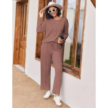 Ekouaer Pajama Sets for Women 2 Piece Lounge Sets Long Sleeve Sleepwear Top and Pants Cozy Pjs Loungewear with Pockets,Brown,Large