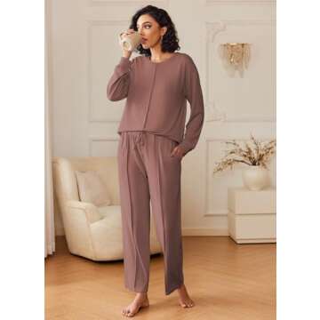 Ekouaer Pajama Sets for Women 2 Piece Lounge Sets Long Sleeve Sleepwear Top and Pants Cozy Pjs Loungewear with Pockets,Brown,Large