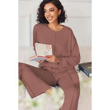 Ekouaer Pajama Sets for Women 2 Piece Lounge Sets Long Sleeve Sleepwear Top and Pants Cozy Pjs Loungewear with Pockets,Brown,Large