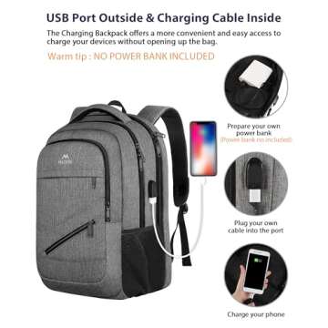 MATEIN Laptop Backpack 15.6 Inch, Carry On Bag for Women Men Airline Approved, Weekender Bag with Laptop Compartment TSA Approved, Water Resistant Work Tactical Backpack, Grey
