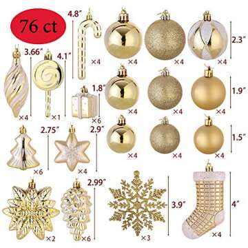 Sattiyrch 76ct Christmas Tree Ornaments Set,Golden Shatterproof Christmas Balls Decorations,Xmas Decorative Hanging Ornaments(Golden)