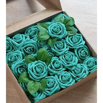 Jelofly Artificial Flowers Teal Green Roses 50pcs Real Looking Fake Flowers Foam Roses w/Stem DIY We...
