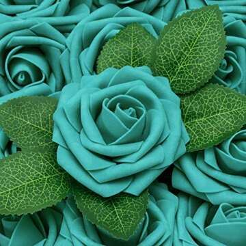 Jelofly Artificial Flowers Teal Green Roses 50pcs Real Looking Fake Flowers Foam Roses w/Stem DIY Wedding Bouquets Centerpieces Baby Shower Party Home Decorations