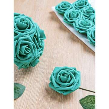 Jelofly Artificial Flowers Teal Green Roses 50pcs Real Looking Fake Flowers Foam Roses w/Stem DIY Wedding Bouquets Centerpieces Baby Shower Party Home Decorations