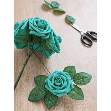 Jelofly Artificial Flowers Teal Green Roses 50pcs Real Looking Fake Flowers Foam Roses w/Stem DIY Wedding Bouquets Centerpieces Baby Shower Party Home Decorations
