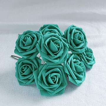 Jelofly Artificial Flowers Teal Green Roses 50pcs Real Looking Fake Flowers Foam Roses w/Stem DIY Wedding Bouquets Centerpieces Baby Shower Party Home Decorations
