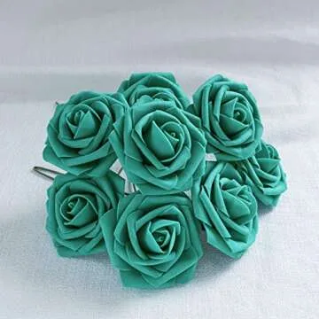 Jelofly Artificial Flowers Teal Green Roses 50pcs Real Looking Fake Flowers Foam Roses w/Stem DIY Wedding Bouquets Centerpieces Baby Shower Party Home Decorations