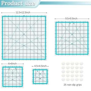 VPVPV 4 Piece Quilting Ruler,Acrylic Square Ruler,Quilting Templates,with Non Slip Rings 25 Pieces（4.5“X4.5”、6“X6”、9.5“X9.5”、12.5“X12.5”）