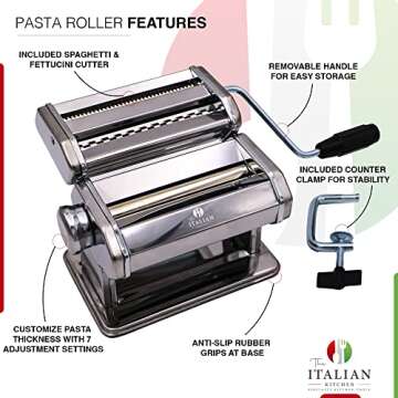 The Italian Kitchen Pasta Maker Roller With 7 Adjustable Thickness Settings Included Spaghetti and F...
