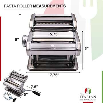 The Italian Kitchen Pasta Maker Roller With 7 Adjustable Thickness Settings Included Spaghetti and Fettuccini Pasta Maker Roller & Cutter