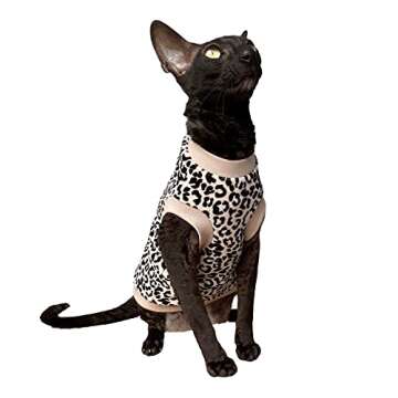 Kotomoda Hairless Cat's Cotton Stretch T-Shirt White Leopard Organic Velour for Sphynx Cat (M)