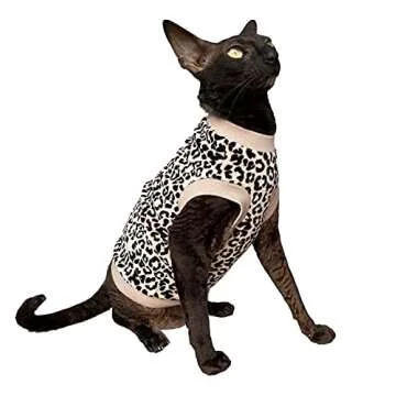 Kotomoda Hairless Cat's Cotton Stretch T-Shirt White Leopard Organic Velour for Sphynx Cat (M)