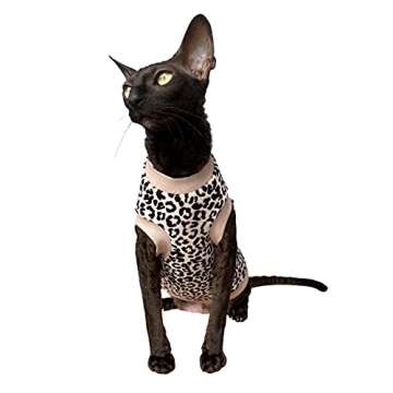 Kotomoda Hairless Cat's Cotton Stretch T-Shirt White Leopard Organic Velour for Sphynx Cat (M)