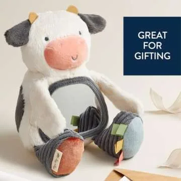 Itzy Ritzy Sensory Tummy Time Toy Mirror - Features Crinkle & Jingle Sounds, Multiple Textures and Mirror for Self-Discovery, Infant Toy for Ages 0 Months and Up, Cow