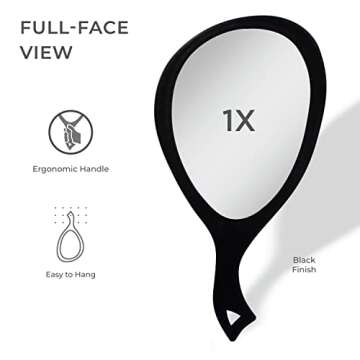 Zadro XL Handheld Mirror, 1X Magnification Teardrop Glass Mirror, Professional Ergonomic Design for Makeup Hairstyling Touch-ups Grooming - Black