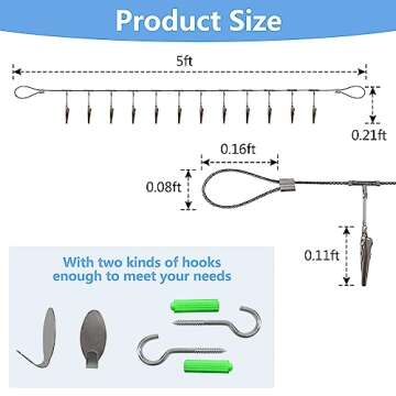 Multi-purpose steel wall hanging display wire rod with 12 clips Wall mounted photo display for hangi...