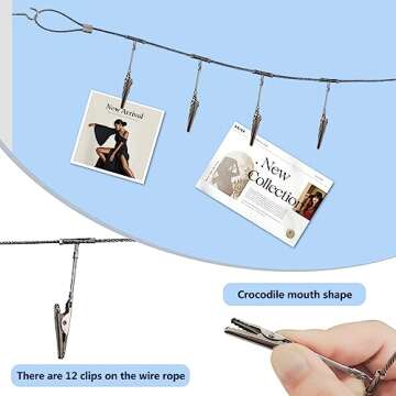 Multi-purpose steel wall hanging display wire rod with 12 clips Wall mounted photo display for hanging photos, postcards, notes and artwork in your home, bedroom and office (Alligator Clip)