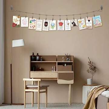 Multi-purpose steel wall hanging display wire rod with 12 clips Wall mounted photo display for hanging photos, postcards, notes and artwork in your home, bedroom and office (Alligator Clip)