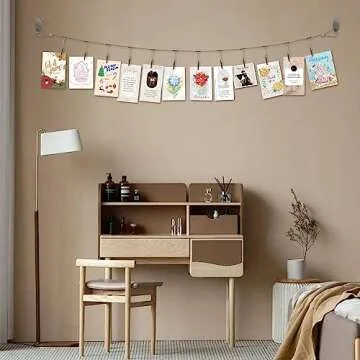 Multi-purpose steel wall hanging display wire rod with 12 clips Wall mounted photo display for hanging photos, postcards, notes and artwork in your home, bedroom and office (Alligator Clip)