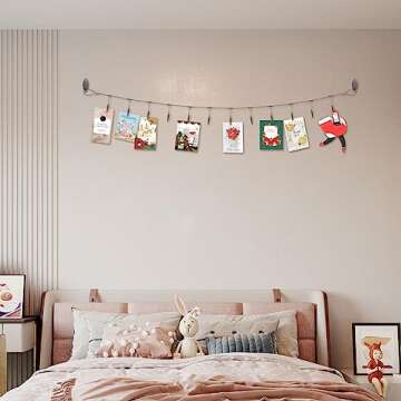 Multi-purpose steel wall hanging display wire rod with 12 clips Wall mounted photo display for hanging photos, postcards, notes and artwork in your home, bedroom and office (Alligator Clip)