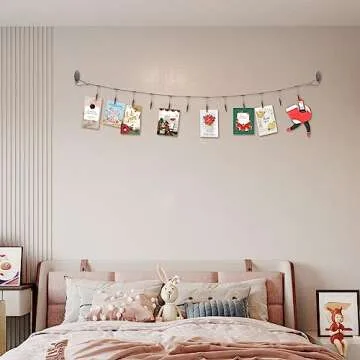 Multi-purpose steel wall hanging display wire rod with 12 clips Wall mounted photo display for hanging photos, postcards, notes and artwork in your home, bedroom and office (Alligator Clip)