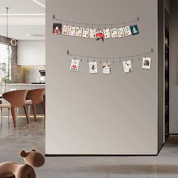 Multi-purpose steel wall hanging display wire rod with 12 clips Wall mounted photo display for hanging photos, postcards, notes and artwork in your home, bedroom and office (Alligator Clip)