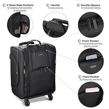 BYOOTIQUE Rolling Makeup Train Case Soft Sided Makeup Storage Cosmetic Organizer Carry on Travel Trolley Suitcase with Heat Isolation Side Pocket 6 Removable Bag for Makeup Artist Hairstylist, Black