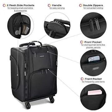 BYOOTIQUE Rolling Makeup Train Case Soft Sided Makeup Storage Cosmetic Organizer Carry on Travel Trolley Suitcase with Heat Isolation Side Pocket 6 Removable Bag for Makeup Artist Hairstylist, Black