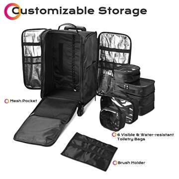 BYOOTIQUE Rolling Makeup Train Case Soft Sided Makeup Storage Cosmetic Organizer Carry on Travel Trolley Suitcase with Heat Isolation Side Pocket 6 Removable Bag for Makeup Artist Hairstylist, Black