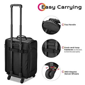 BYOOTIQUE Rolling Makeup Train Case Soft Sided Makeup Storage Cosmetic Organizer Carry on Travel Trolley Suitcase with Heat Isolation Side Pocket 6 Removable Bag for Makeup Artist Hairstylist, Black