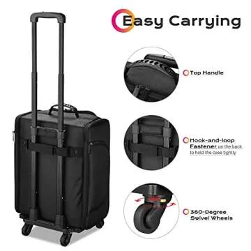 BYOOTIQUE Rolling Makeup Train Case Soft Sided Makeup Storage Cosmetic Organizer Carry on Travel Trolley Suitcase with Heat Isolation Side Pocket 6 Removable Bag for Makeup Artist Hairstylist, Black