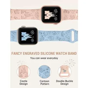 Girovo 2 Packs Cartoon Engraved Bands Compatible with Apple Watch Bands 41mm 40mm 38mm Women, Cute Anime Designer Soft Silicone Strap for iWatch Series 9/8/7/6/5/4/3/2/1/SE/Ultra, Pink & Baby Blue