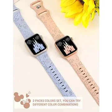 Girovo 2 Packs Cartoon Engraved Bands Compatible with Apple Watch Bands 41mm 40mm 38mm Women, Cute Anime Designer Soft Silicone Strap for iWatch Series 9/8/7/6/5/4/3/2/1/SE/Ultra, Pink & Baby Blue