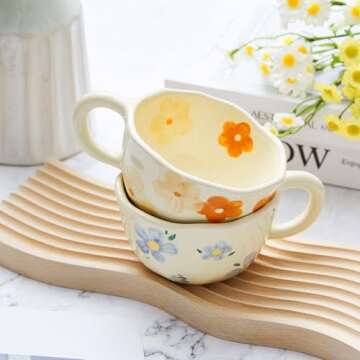 Vesici Ceramic Flower Coffee Mugs Set with Spoons