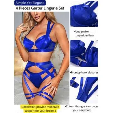 Kaei&Shi Garter Belt Thong Lingerie Set - Sexy Strappy Underwire Ensemble in Royal Blue