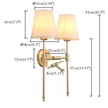 PERMO Classic Rustic Double Sconce 2-Lights Wall Sconce Lighting Fixture with Flared White Textile Lamp Shade and and Antique Brass Finished Long Arm,Wall Sconce Light Fixture for Bathroom Bedroom