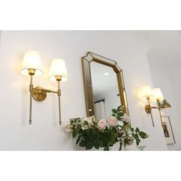 PERMO Classic Rustic Double Sconce 2-Lights Wall Sconce Lighting Fixture with Flared White Textile Lamp Shade and and Antique Brass Finished Long Arm,Wall Sconce Light Fixture for Bathroom Bedroom