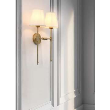 PERMO Classic Rustic Double Sconce 2-Lights Wall Sconce Lighting Fixture with Flared White Textile Lamp Shade and and Antique Brass Finished Long Arm,Wall Sconce Light Fixture for Bathroom Bedroom